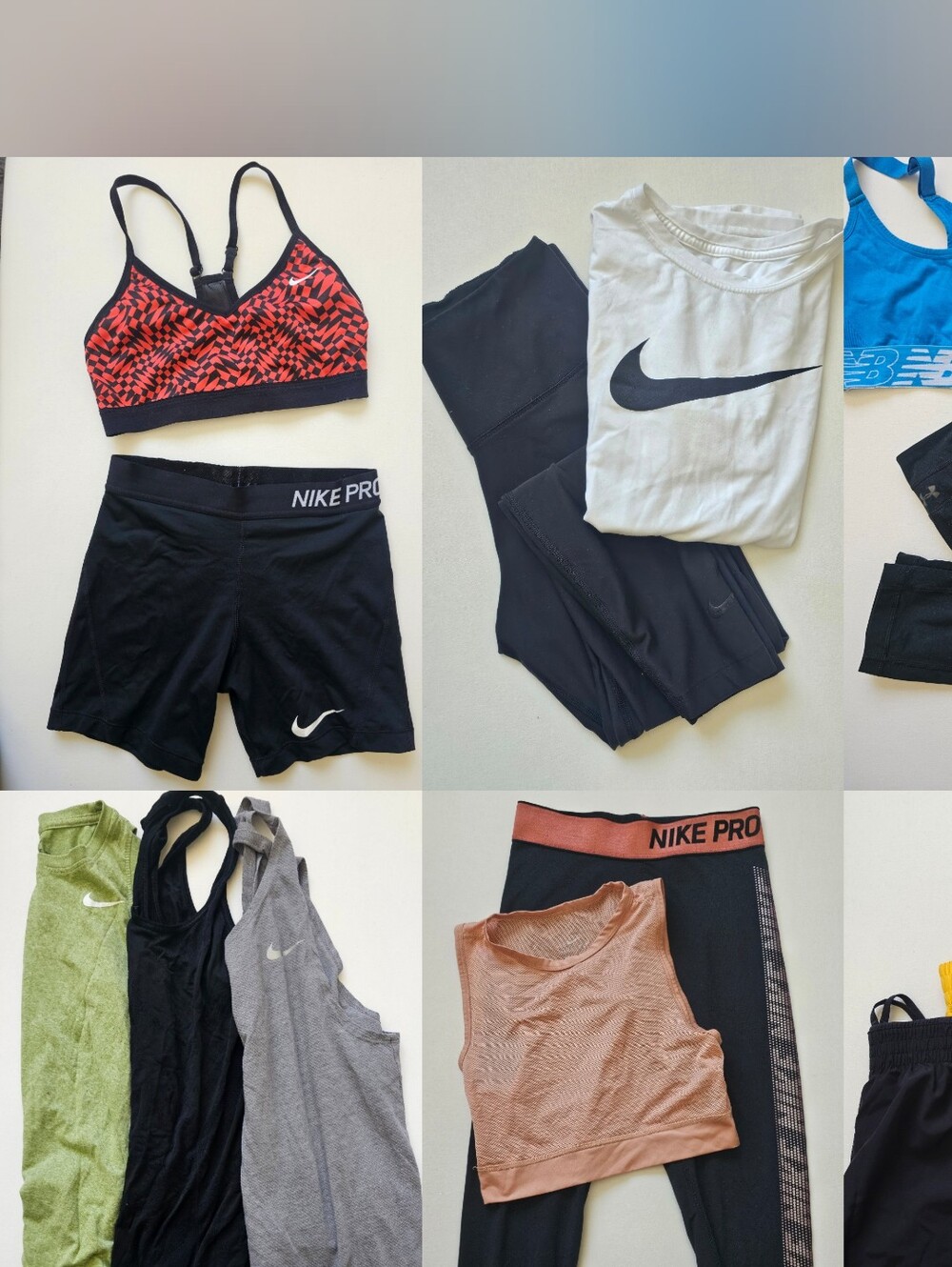 18pcs: Adidas, Nike, New Balance tops, shorts, sports bras, tights sz XS-S